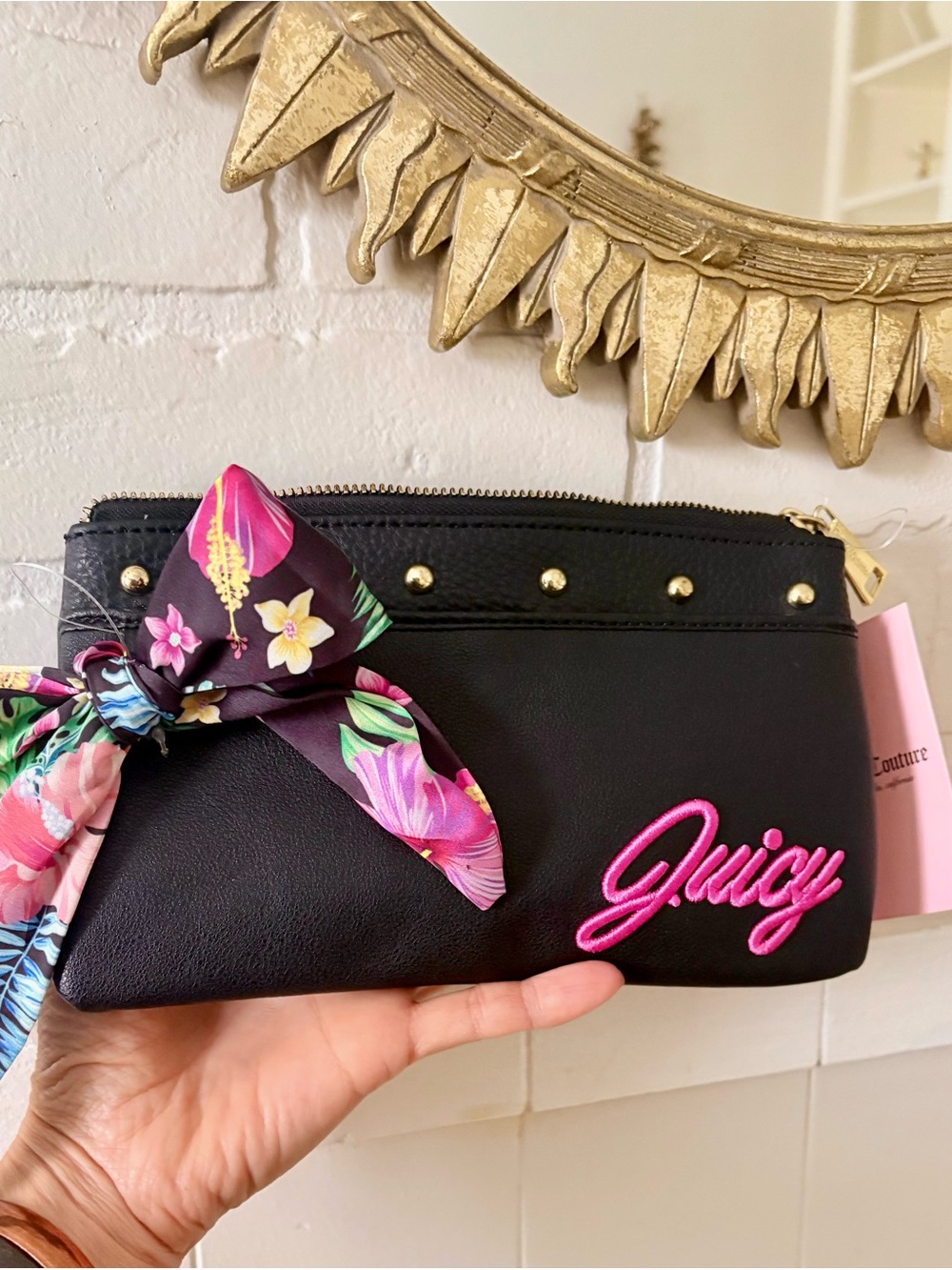 Juicy Couture Black Wristlet Clutch with Pink Script and Floral Scarf Accent